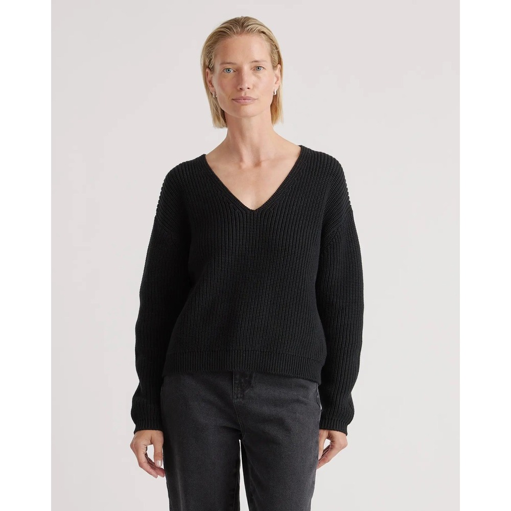 Quince Black Fisherman Vneck 100% Organic Cotton Sweater (MSRP: $110) Small